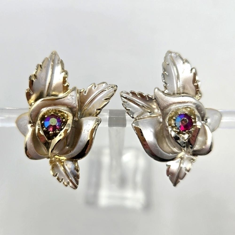 VINTAGE FLORENZA SILVER AB RED CRYSYAL FLOWER EARRINGS CLIP ON FASHION JEWELRY